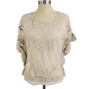 Sheer Mesh Lace Trim Flutter Sleeve Top M Coquette Fairy Whimsical Boho Feminine